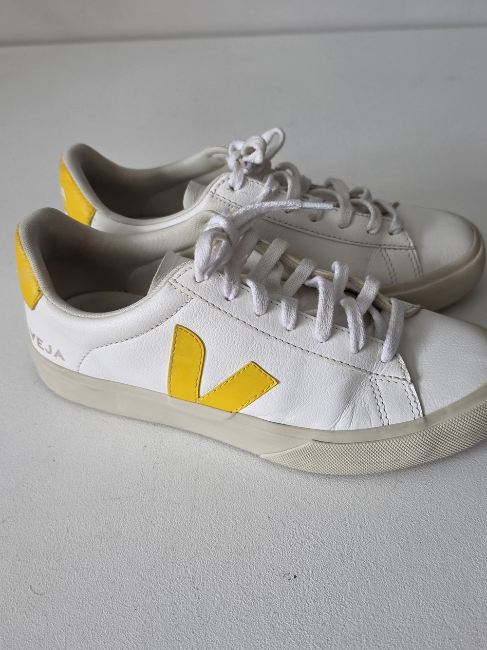 Veja Women's Esplar Leather Sneaker in White with Yellow V Logo
